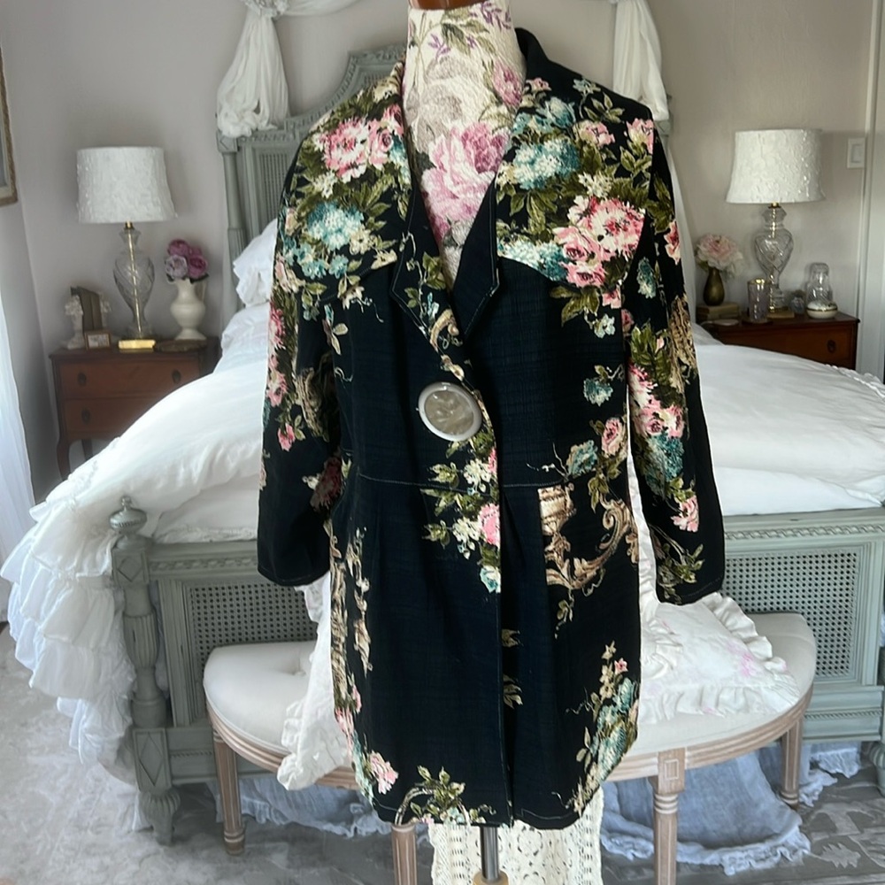 Stunning Jill Dufau OOAK Black floral barkcloth coat jacket M